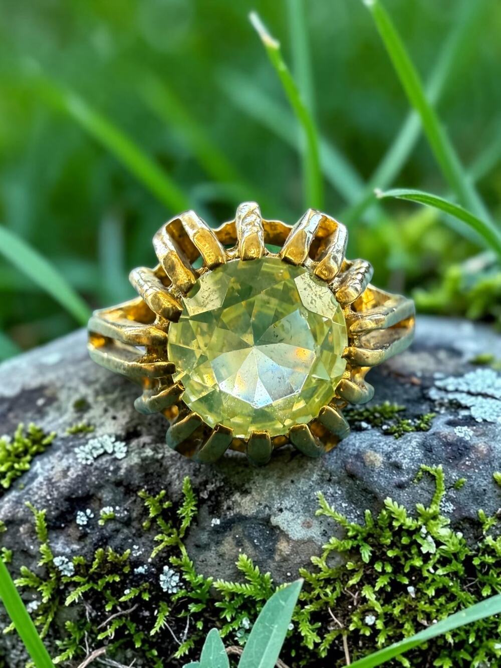 Vintage Gold Filled Faceted Pale Uranium Glass Crown Prong Ring Sculptural Split